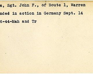 World War II, Vindicator, John F. Cola, Warren, wounded, Germany, 1944, Mahoning, Trumbull