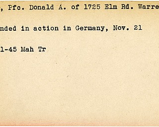 World War II, Vindicator, Donald A. Cole, Warren, wounded, Germany, 1945, Mahoning, Trumbull