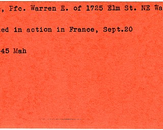 World War II, Vindicator, Warren E. Cole, Warren, killed, France, 1945, Mahoning