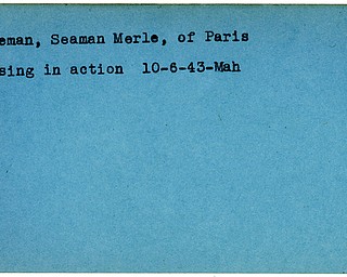 World War II, Vindicator, Merle Coleman, seaman, Paris, missing, 1943, Mahoning