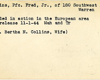 World War II, Vindicator, Fred Collins Jr, Warren, wounded, Europe, 1944, Mahoning, Trumbull, Bertha N. Collins