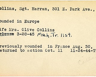 World War II, Vindicator, Harran Collins, Niles, wounded, Europe, Olive Collins, 1945, Mahoning, Trumbull, France, 1944, Trumbull