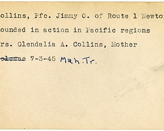 World War II, Vindicator, Jimmy O. Collins, Newton Falls, wounded, Pacific, Glendalia A. Collins, 1945, Mahoning, Trumbull