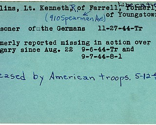 World War II, Vindicator, Kenneth R. Collins, liberated, Youngstown, Farrell, prisoner, Germany, 1944, Trumbull, missing, 1945