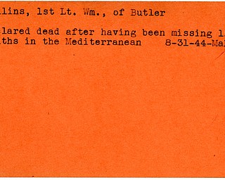 World War II, Vindicator, William Collins, Butler, Mediterranean, killed, died, 1944, Mahoning, missing