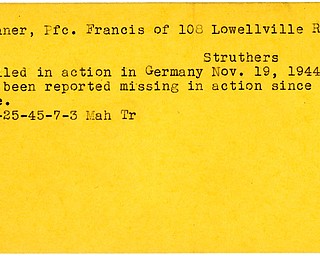 World War II, Vindicator, Francis Conner, Struthers, killed, Germany, 1944, 1945, Mahoning, Trumbull, missing