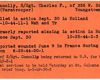 World War II, Vindicator, Charles F. Connolly, Youngstown, killed, Holland, 1944, Mahoning, Trumbull, missing, wounded, France, 1949