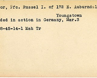 World War II, Vindicator, Russel I. Connor, wounded, Youngstown, Germany, 1945, Mahoning, Trumbull