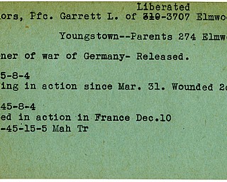 World War II, Vindicator, Garrett L. Connors, liberated, Youngstown, prisoner, Germany, 1945, missing, wounded, France, Mahoning, Trumbull