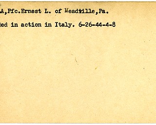World War II, Vindicator, Ernest L. Consla, Meadville, wounded, Italy, 1944