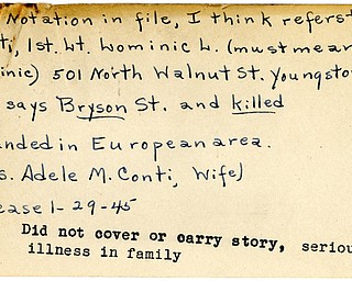 World War II, Vindicator, Dominic Conti, Youngstown, 1945, Adele M. Conti, wounded, Europe, killed, no coverage in paper