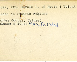 World War II, Vindicator, Harold L. Cooper, wounded, Pacific, Charles Cooper, 1945, Mahoning, Trumbull