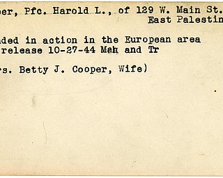 World War II, Vindicator, Harold L. Cooper, East Palestine, wounded, Europe, 1944, Mahoning, Trumbull, Betty J. Cooper