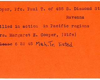 World War II, Vindicator, Paul T. Cooper, Ravenna, killed, Pacific, Margaret E. Cooper, 1945, Mahoning, Trumbull