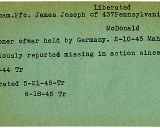 World War II, Vindicator, James Joseph Copham, McDonald, liberated, prisoner, Germany, 1945, Mahoning, Trumbull, missing, 1944