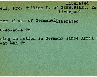 World War II, Vindicator, William L. Cornell, East Liverpool, liberated, prisoner, Germany, 1945, Trumbull, Mahoning, missing
