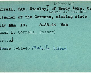 World War II, Vindicator, Stanley J. Correll, Ravenna, liberated, prisoner, Germany, missing, 1944, Mahoning, Homer L. Correll, 1945, Trumbull