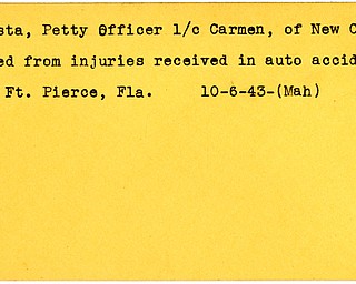 World War II, Vindicator, Carmen Costa, New Castle, Petty Officer, died, wounded, accident, Fort Pierce, 1943, Mahoning