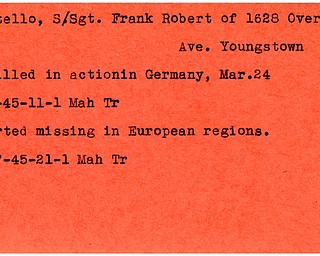 World War II, Vindicator, Frank Robert Costello, Youngstown, killed, Germany, 1945, Mahoning, Trumbull, missing, Europe