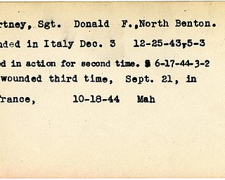World War II, Vindicator, Donald F. Courtney, North Benton, wounded, Italy, 1944, 1943, France, Mahoning