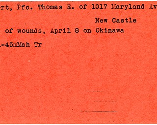 World War II, Vindicator, Thomas E. Covert, New Castle, died, wounded, killed, Okinawa, 1945, Mahoning, Trumbull