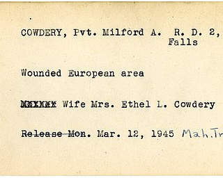 World War II, Vindicator, Milford A. Cowdery, Newton Falls, wounded, Europe, Ethel L. Cowdery, 1945, Mahoning, Trumbull