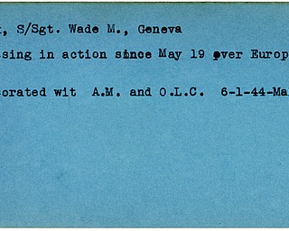 World War II, Vindicator, Wade M. Cox, Geneva, missing, Europe, 1944, Mahoning, award