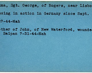 World War II, Vindicator, George Cozma, Rogers, Lisbon, missing, Germany, 1944, Mahoning, John Cozma