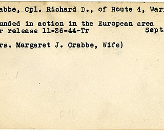 World War II, Vindicator, Richard D. Crabbe, Warren, wounded, Europe, 1944, Trumbull, Margaret J. Crabbe