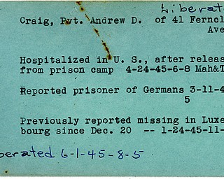 World War II, Vindicator, Andrew D. Craig, liberated, hospitalized, prisoner, 1945, Mahoning, Trumbull, Germany, missing