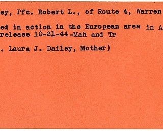 World War II, Vindicator, Robert L. Dailey, Warren, killed, Europe, 1944, Mahoning, Trumbull, Laura J. Dailey