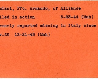World War II, Vindicator, Armando Damiani, Alliance, killed, 1944, Mahoning, missing, Italy, 1943