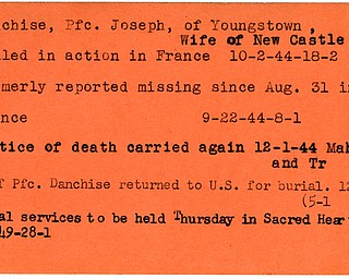 World War II, Vindicator, Joseph Danchise, Youngstown, killed, France, 1944, missing, Mahoning, Trumbull, 1948, 1949