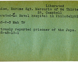 World War II, Vindicator, Mercurio Danchise, liberated, Campbell, Marine, pirsoner, Japanese, hospitalized, 1943, 1945, Mahoning, Trumbull
