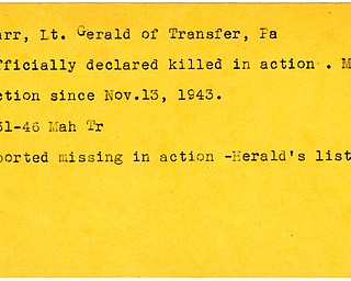 World War II, Vindicator, Gerald Darr, Transfer, killed, missing, 1943, 1946, Mahoning, Trumbull