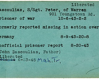 World War II, Vindicator, Peter Dascoulias, Warren, liberated, prisoner, 1943, missing, Germany, John Dascoulias, 1945, Mahoning, Trumbull