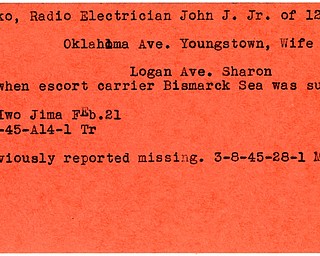 World War II, Vindicator, John J. Datko Jr, Radio Electrician, Youngstown, Bismarck, missing, Iwo Jima, 1945, Trumbull, Mahoning