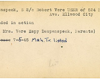 World War II, Vindicator, Robert Vere Daupenspeck, USNR, Ellwood City, wounded, 1945, Mahoning, Trumbull