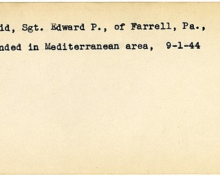 World War II, Vindicator, Edward P. David, Farrell, wounded, Mediterranean, 1944, Mahoning