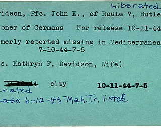 World War II, Vindicator, John E. Davidson, Butler, liberated, prisoner, Germany, 1944, missing, Mediterranean, Kathryn F. Davidson, 1945, Mahoning, Trumbull