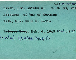 World War II, Vindicator, Arthur W. Davis, Warren, liberated, prisoner, Germany, Ruth E. Davis, 1945, Mahoning, Trumbull