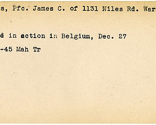 World War II, Vindicator, James C. Davis, Warren, wounded, Belgium, 1945, Mahoning, Trumbull