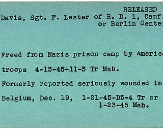 World War II, Vindicator, Lester Davis, Canfield, Berlin Center, prisoner, Germany, liberated, 1945, Mahoning, Trumbull, wounded, Belgium