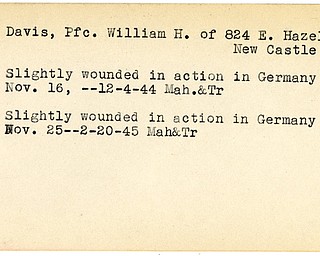 World War II, Vindicator, William H. Davis, New Castle, wounded, Germany, 1945, Mahoning, Trumbull