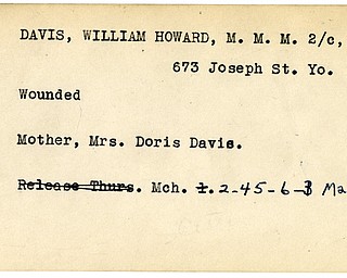 World War II, Vindicator, William Howard Davis, Youngstown, wounded, Doris Davis, 1945, Mahoning, Trumbull