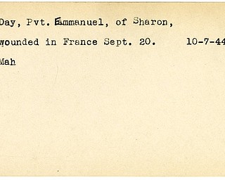 World War II, Vindicator, Emmanuel Day, Sharon, wounded, France, 1944, Mahoning