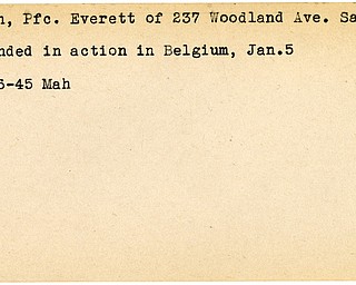 World War II, Vindicator, Everett Dean, Salem, wounded, Belgium, 1945, Mahoning