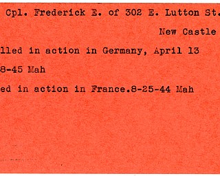 World War II, Vindicator, Frederick E. Dean, New Castle, killed, Germany, 1945, Mahoning, Trumbull, wounded, France, 1944