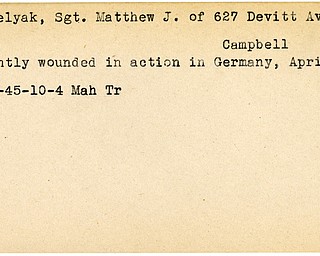 World War II, Vindicator, Matthew J. Debelyak, Campbell, wounded, Germany, 1945, Mahoning, Trumbull