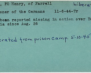 World War II, Vindicator, Henry Deck, Farrell, liberated, prisoner, Germany, 1944, Trumbull, missing, 1945